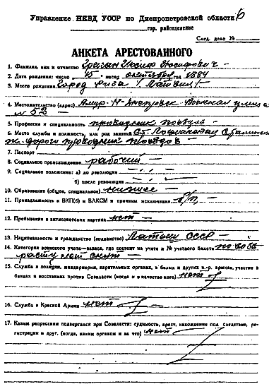 Копія анкети Й.Й. Грігяна. Перша сторінка